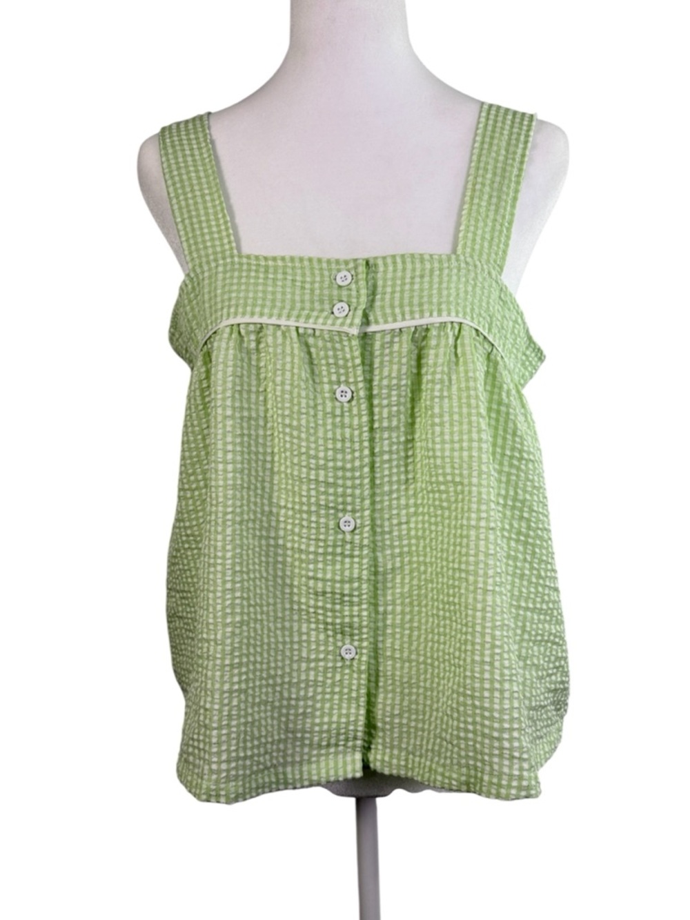 Kikit Green & White Plaid Seersucker Sleeveless Crop Top - Cottagecore | Size L